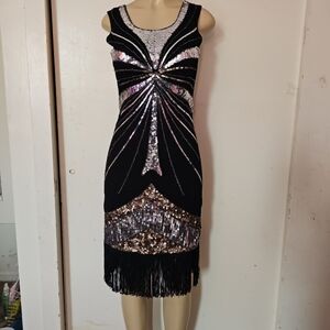 BCBGMaxAzria Black and Silver Sequin Midi Dress